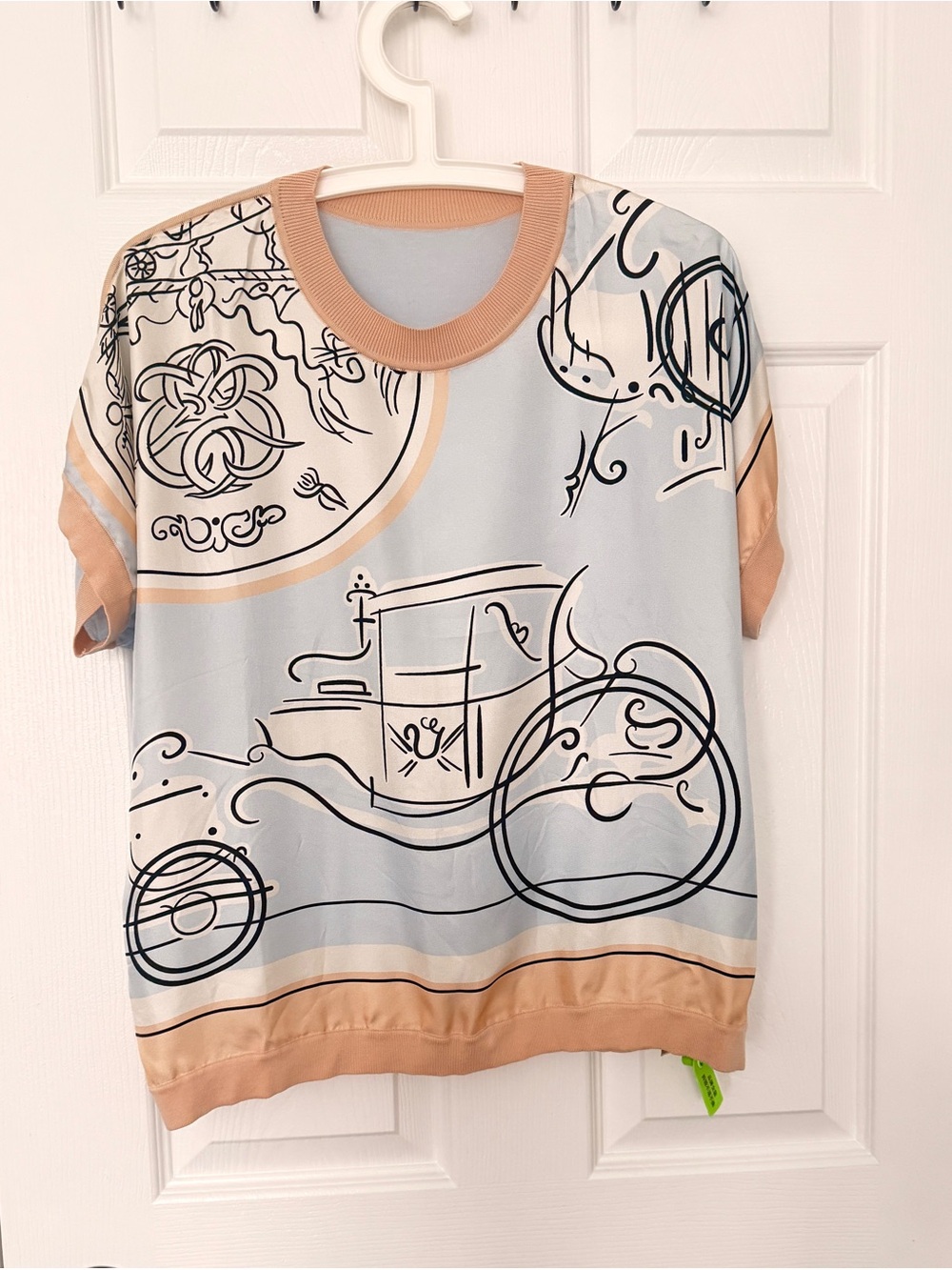 Hermes Light Blue & Tan Silk Short Sleeve Carriage Graphic Tee(OEM)